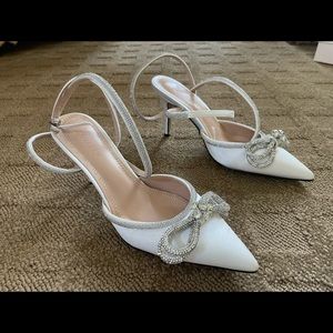 Womens white satin heel with Rhinestone bow and ankle strap